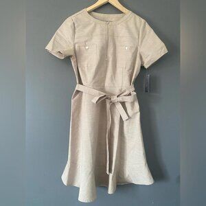 Sharagano Belted Business Casual Dress Size 12 Neutral Beige Office Workwear